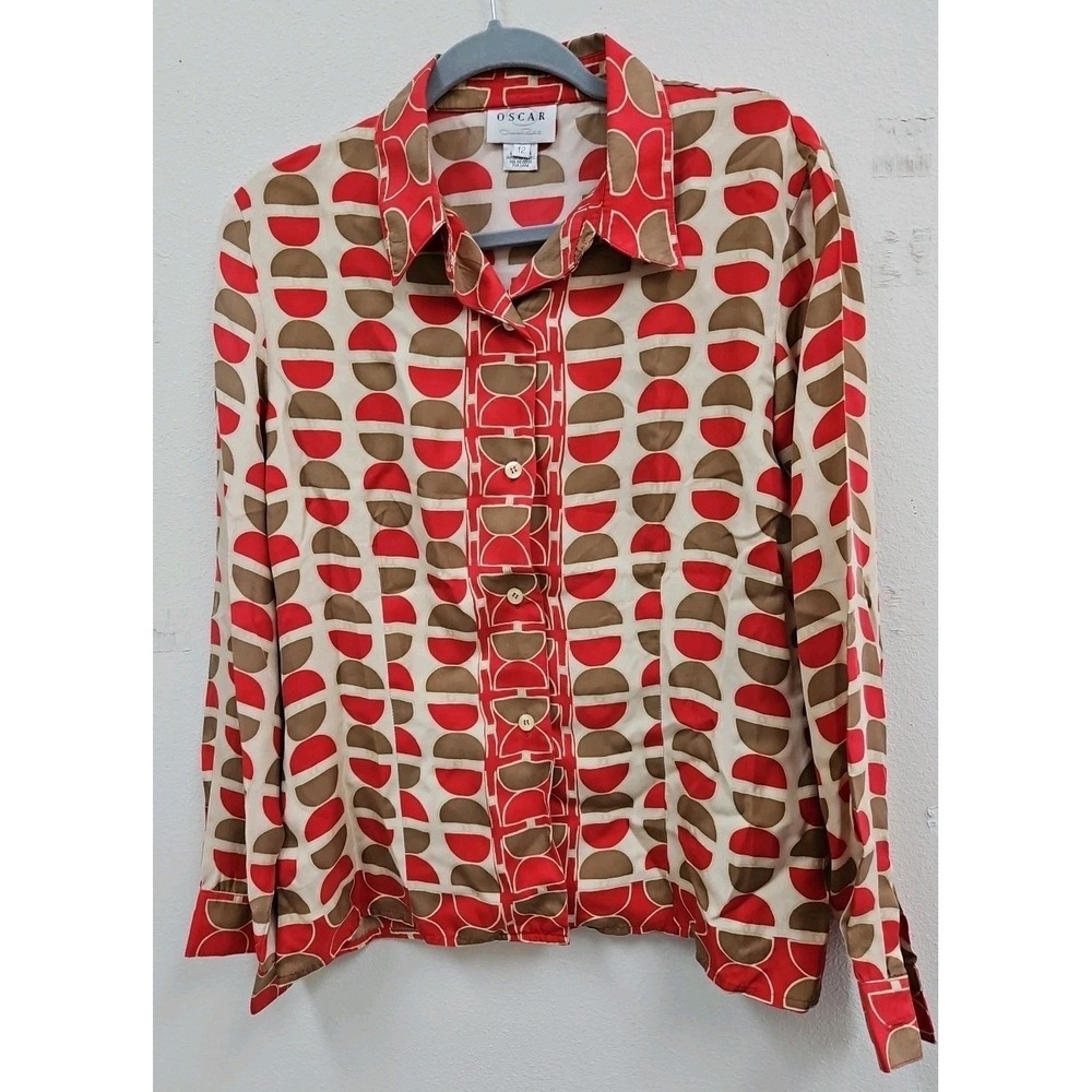 Oscar De La Renta Womens Silk Blouse Italy Red Olive Modern Geometric